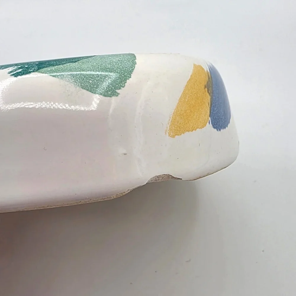 Vintage Hand Painted Ceramic Soap Dish Abstract Floral Oval Artisanal